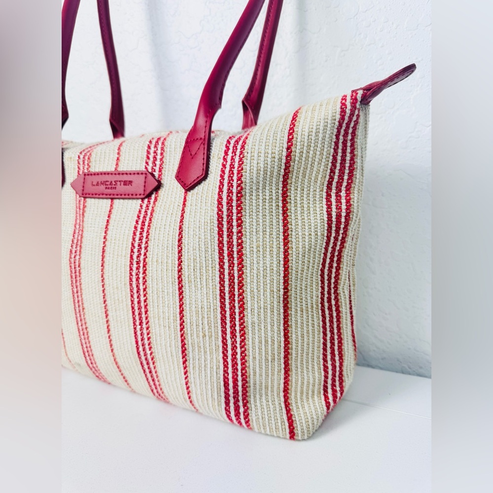 Lancaster Paris Red & Cream Striped Satchel Tote - Picture 2 of 10